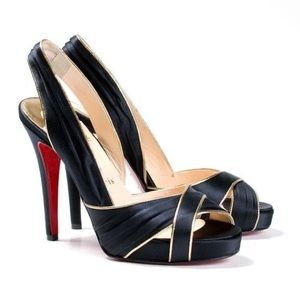 Christian Louboutin Criss Cross Black Satin Open Toe Pumps Heels